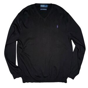 Polo Ralph Lauren Sweater Mens L Black V-Neck Pima Cotton Purple Pony Vintage